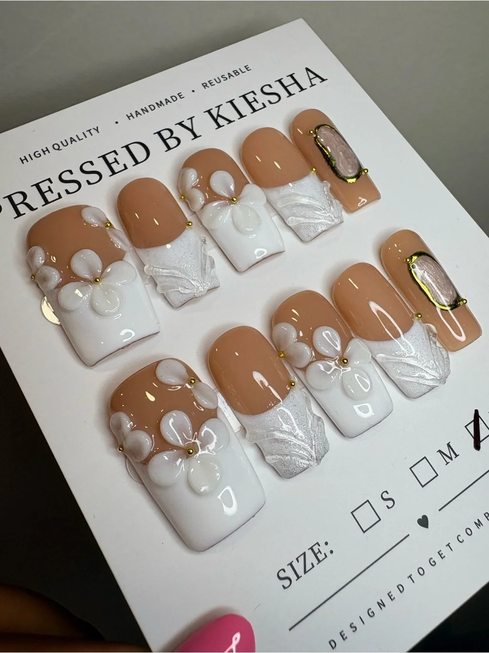 Nude & White 3D Floral Press-On Nails